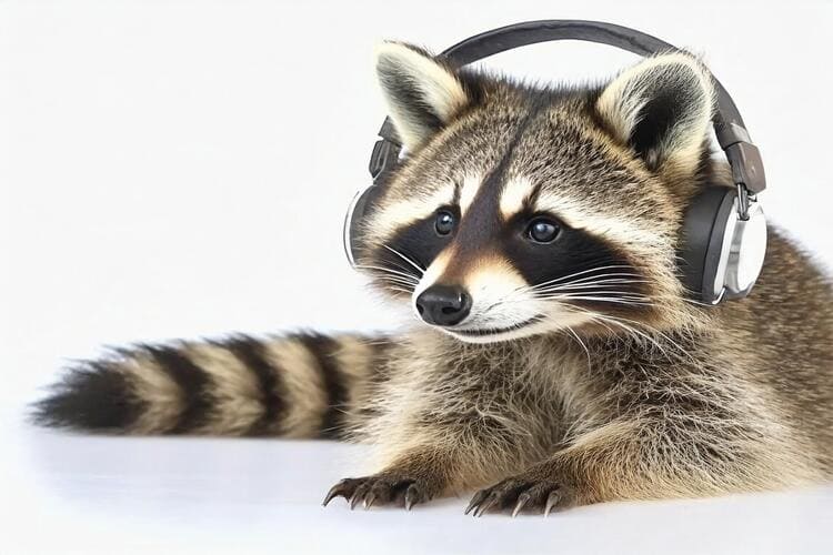 ヘッドホンでアライグマの鳴き声を聞くアライグマ