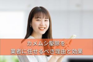 カメムシ駆除を業者に任せるべき理由についてプレゼンする女性